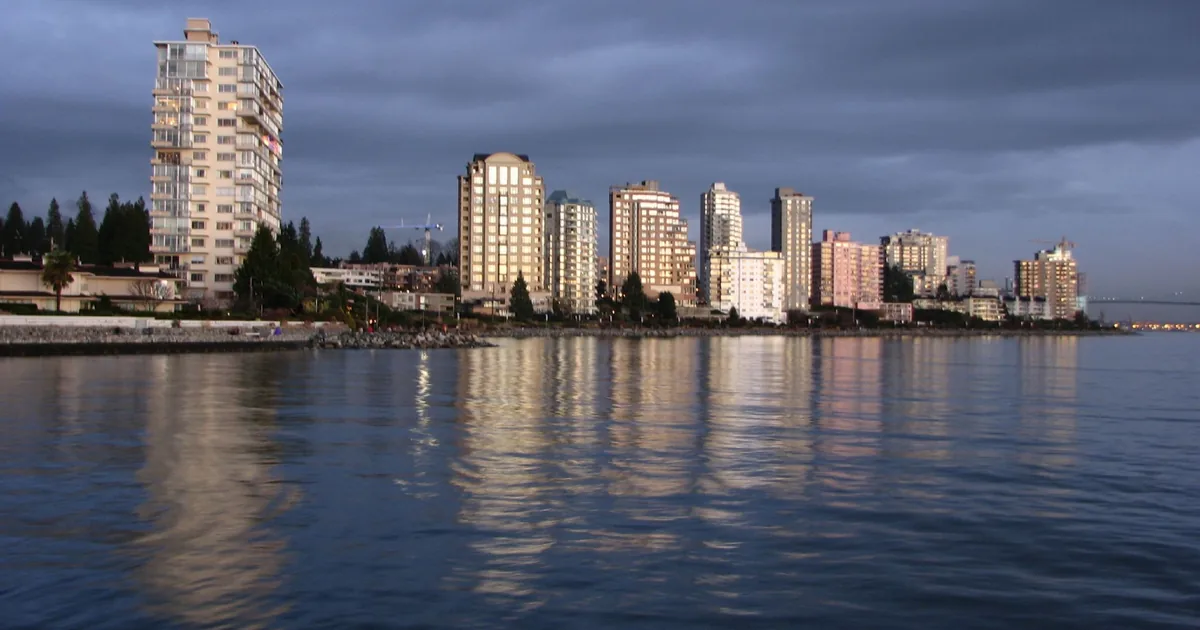 Apartment towers along the Dundarave and Ambleside waterfront in West Vancouver, seen across the water